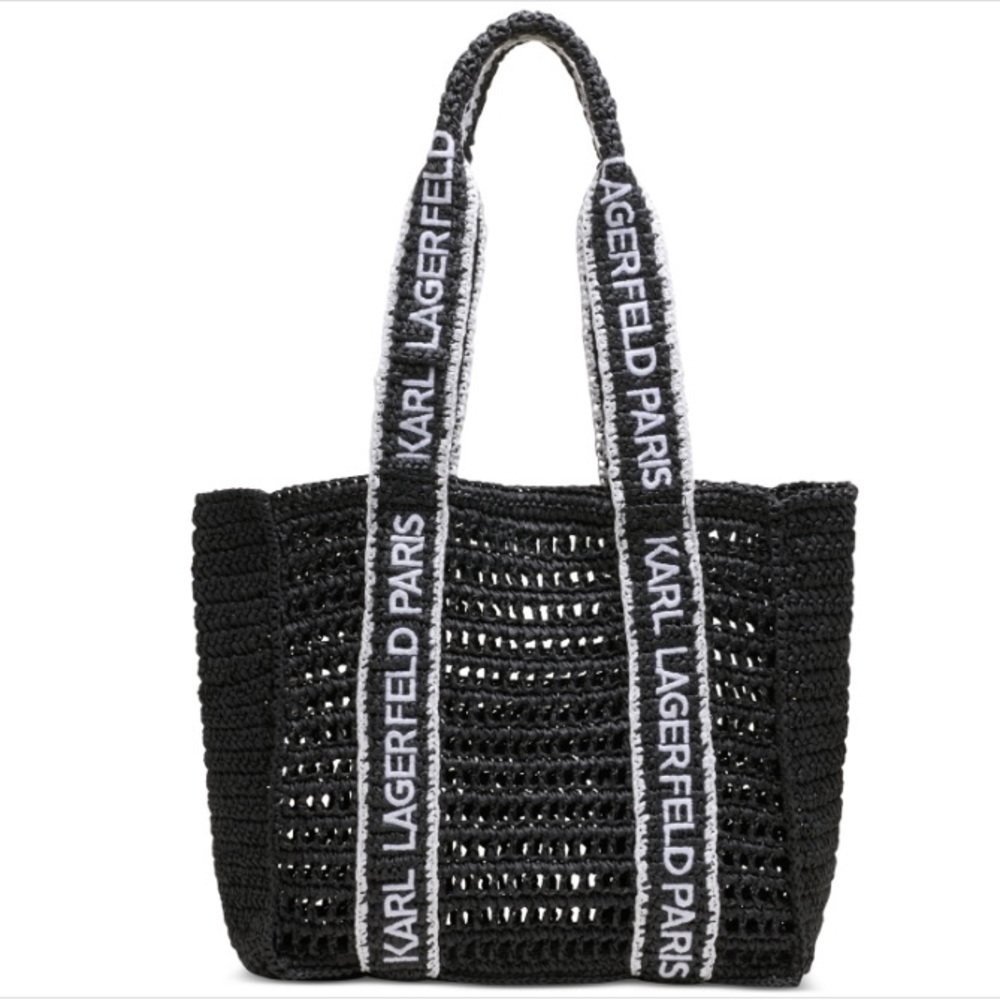 Karl Lagerfeld Paris | Women's Antibes Straw Logo Strap Tote Bag | Black/White